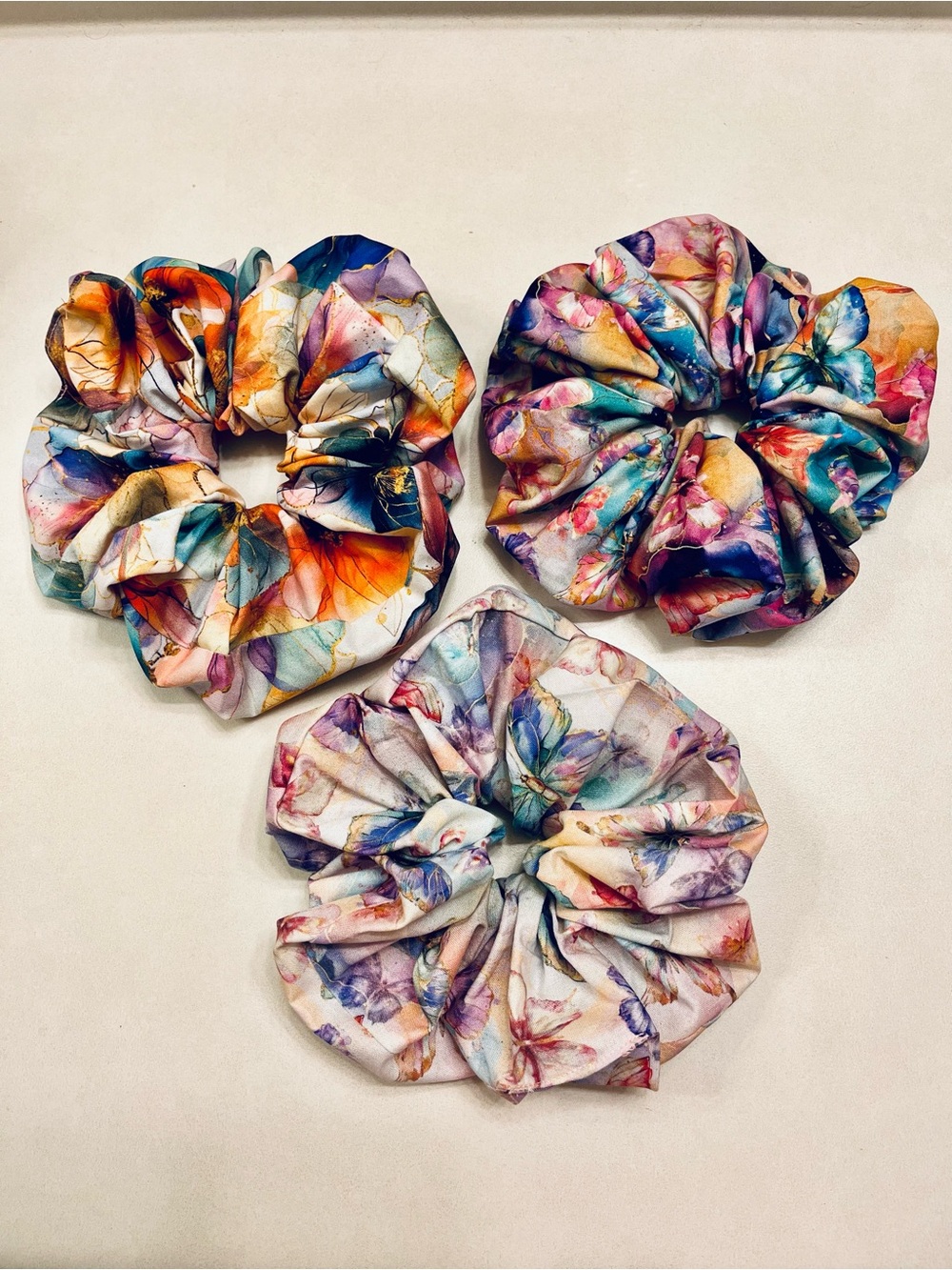 Handmade Watercolor  butterfly floral pink orange blue teal purple scrunchies